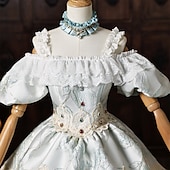 cheap Dresses-Rococo Baroque Ball Gown Floor Length Ball Gown Choker Short Sleeves Princess Bridal Royal Attire Off the Shoulder Ball Gown Square Neck Fancy Dress Women's Royal Halloween Carnival Masquerade Prom