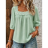  Mulheres Camisas com toque de linho Blusa Guarnição do laço Côr Sólida Diário à moda Básico Manga 3/4 Decote Quadrado Tops regulares Casual Diário Azul Branco Rosa Azul Marinha Verde Verão Primavera