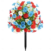 baratos Flor artificial-Estaca de flores artificiais patrióticas de 22 polegadas, vermelha e branca. &amp;jardim de glória-da-manhã azul &amp;Decoração de jardim para o Dia da Independência &amp;Dia da Memória, resistente aos raios UV,
