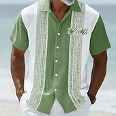 cheap Geometric Pattern-Men's Geometric Striped Ethnic Shirt Guayabera Shirt Button Up Shirt Short Sleeve Vintage Retro Daily Outdoor Vacation Summer Spring Turndown 3D Print Linen Like Shirt Blue Pink Purple Green Khaki