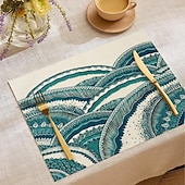 お買い得  Placemats＆Coasters＆Trivets-夏の海をイメージしたダイニングプレイスマット、ポリエステル100％の長方形テーブルマット、海の幾何学模様デザイン、洗濯機洗い可能、耐熱性、耐久性のあるテーブルプロテクター、モダンなホームキッチン
