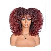 ieftine Peruci Sintetice Trendy-Perucă afro creță maro ombre cu breton, perucă afro sintetică scurtă de 14 inch, peruci afro negre crețe pentru femei, peruci pentru uz zilnic și la petreceri