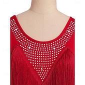 cheap Competition Dress-Women's Black Latin Ballroom Dance Wear - Rhinestone Sheer Mesh Sleeveless Bodysuit with Rhythmic Tassel Hem for Performance