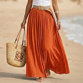 ieftine Fuste simple-Pentru femei Fustă de vacanță Fustă din bumbac artificial și in Modă Casual Lung vară Maxi Talie Înaltă Fuste Simplu Zdrobit Fluid Strech Zilnic Plajă Albastru piscină Măr Verde Maroniu Galben Lămâie