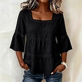 abordables Chemises-Haut classique en coton et lin pour femme, élégant, à empiècements de dentelle et volants superposés, manches 3/4, col carré, coupe droite, idéal pour un look décontracté au quotidien. Disponible en