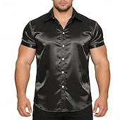 abordables Chemises en satin pour hommes-Homme Chemise Chemise en satin Chemise habillée Chemise Boutonnée Couleur Unie Extérieur Travail Noir Blanche Jaune Rouge Manche Courte Col Rabattu Été Printemps Vêtement Tenue Boutons