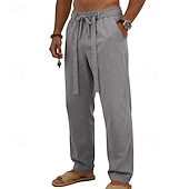 cheap Holiday-Men's Linen Pants Trousers Summer Pants Baggy Pants Drawstring Elastic Waist Straight Leg Plain Comfort Breathable Full Length Daily Outdoor Holiday Fashion Classic Style Blue White Micro-elastic