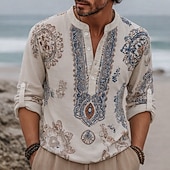 abordables Motif ethnique-Homme Ethnique Floral complexe Chemise Chemise Boutonnée Chemise Henley manche longue Vintage Rétro Occasionnel Vacances Mariage Été Printemps Col mandarin Col montant Impression 3D Chemise en lin
