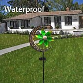 preiswerte Bodenlichter-Solarbetriebener Mond-Windspinner aus Metall, Gartenstecker, Außendekoration, Windräder, wasserdicht, Landschafts- und Wegbeleuchtung, 1 Stück