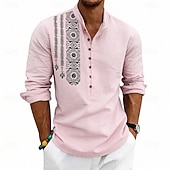 cheap Vacation-Men's Shirt Linen Shirt Popover Shirt Summer Shirt Beach Shirt Geometric Casual Vacation Black White Pink Navy Blue Long Sleeve Stand Collar Summer Spring Clothing Apparel Buttons