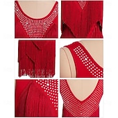 cheap Competition Dress-Women's Black Latin Ballroom Dance Wear - Rhinestone Sheer Mesh Sleeveless Bodysuit with Rhythmic Tassel Hem for Performance