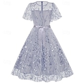 cheap Dresses-1950s Retro Vintage Midi Dress Swing Dress Flare Dress Short Sleeves Embroidered Leaf Fit &amp; Flare Swing Round Neck Fancy Dress Women's Casual Evening Party Tea Party Adults' Dress Spring &amp; Summer