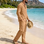 abordables Chemises lin et coton-Homme Chemise en lin Deux pièces Ensemble Chemise Et Pantalons en Lin Pantalons Pantalon décontracté Set Uni Quotidien Extérieur Plage Col Rabattu manche longue Été Printemps Mode Occasionnel