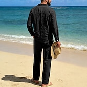 abordables Chemises lin et coton-Homme Chemise en lin Deux pièces Ensemble Chemise Et Pantalons en Lin Pantalons Pantalon décontracté Set Uni Quotidien Extérieur Plage Col Rabattu manche longue Été Printemps Mode Occasionnel