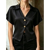 ieftine tricou simplu-Pentru femei Cămașă din satin Bluză Nasturi Culoare solidă Stilat Casual Manșon scurt Guler Cămașă Crop Tops Casual Zilnic În aer liber Albastru piscină Negru Alb Caisă Vară Primăvară