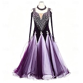 cheap Competition Wear-Ballroom Dance Dress Rhinestone Pleats Splicing Women's Party Training Performance Long Sleeve High Spandex Polyester