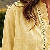 abordables Blusas Sencillas-Mujer Camisa Camisa casual Abotonar la camisa Lino de algodón sintético Volante Ojal Botones Color sólido Plano Vacaciones Moda Diario Manga Larga Escote en Pico Tops regulares Ropa de calle Playa