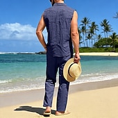 cheap Cotton Linen Shirt-Male Linen Shirt 2 Piece Shirt Set And Linen Pants Trousers Casual Pants Set Plain Daily Outdoor Vacation Turndown Sleeveless Summer Fashion Casual Comfortable Clothing Apparel
