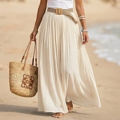 ieftine Fuste simple-Pentru femei Fustă de vacanță Fustă din bumbac artificial și in Modă Casual Lung vară Maxi Talie Înaltă Fuste Simplu Zdrobit Fluid Strech Zilnic Plajă Albastru piscină Măr Verde Maroniu Galben Lămâie