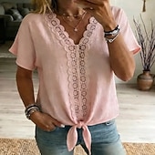 billiga Enkla blusar-Women's Shirt Blouse Patchwork Lace Trim Fashion Casual Beach Sleeveless V Neck Regular Tops Casual White Pink Sky Blue Dark Blue Summer