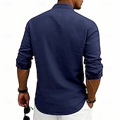 baratos Clássico-Homens Camisa Social Camisa de linho camisa de verão camisa de praia Tecido Casual Férias Preto Branco Rosa Azul Marinha Manga Longa Faixa Verão Primavera Roupa Bolsos