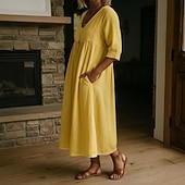 ieftine Rochii-Pentru femei Rochii Midi In din bumbac artificial Rochie de Vară Rochie A line Rochie de vară Vacanță Petrecere De Bază Zilnic Birou Plajă Potrivire Largă Simplu Manșon Jumate În V Albastru Deschis