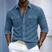 baratos Camisas casuais inteligentes masculinas-Homens Camisa Social Camisa casual Camiseta de Veludo camisa de botão Azul Vermelho Marron Verde Azul Escuro Manga Longa Tecido Colarinho de Camisa Casual Diário Bolso frontal Roupa Elegante Moda