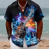 voordelige Muziek en gitaren-Men's Lightning Guitar Musical Instrument Shirt Button Up Shirt Short Sleeve Vintage Retro Music Festival Holiday Summer Spring Turndown 3D Print Collared Shirts Black 1 Black 2 Black