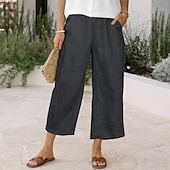 cheap Bottoms-Women's Linen-feel Pants Capri Pants Trousers Summer Shorts Vacation Fashion Basic Full Length High Waist Solid Color Plain Pocket Wide Leg Elastic Waistband Comfort Soft Breathable Inelastic