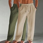 baratos Clássico-Homens Calças de linho Calças Calça verão Calças largas Calças de praia Com Cordão Bolsos Cintura elástica Tecido Conforto Respirável Comprimento total Diário Praia Férias Férias Havaiana Branco