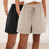 ieftine Pantalonii-pachete multiple 2 buc pantaloni scurți de damă din bumbac și in, pantaloni scurți de vară, pantaloni scurți de plajă, vacanță, pantaloni scurți simpli, talie înaltă, simplu, cu buzunar, talie elastică, confortabili, moi, confortabili, neelastici, zilnic,