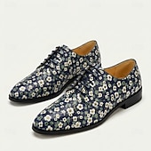 economico Scarpe Eleganti Elementari-Scarpe eleganti stringate da uomo in vera pelle blu navy con stampa a margherite, modello Oxford vintage floreale, perfette per matrimoni, balli di fine anno, cene e eventi formali.