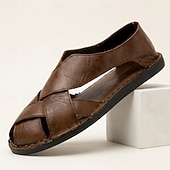 abordables Sandales décontractées-Sandales à brides croisées pour homme, en similicuir marron foncé, confortables et idéales pour l'été et le quotidien.