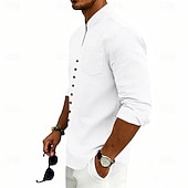 baratos Clássico-Homens Camisa Social Camisa de linho camisa de verão camisa de praia Tecido Casual Férias Preto Branco Rosa Azul Marinha Manga Longa Faixa Verão Primavera Roupa Bolsos