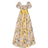 abordables Robe-Médiéval Renaissance 19ème siècle Longueur au sol Robe Manches courtes Princesse Floral Imprimé Floral Col carré Déguisement Femmes Carnaval Foire de la Renaissance LARP Soirée à thème rétro Adulte
