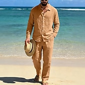 abordables Chemises lin et coton-Homme Chemise en lin Deux pièces Ensemble Chemise Et Pantalons en Lin Pantalons Pantalon décontracté Set Uni Quotidien Extérieur Plage Col Rabattu manche longue Été Printemps Mode Occasionnel