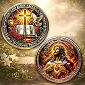  Pièce commémorative chrétienne honorant le Sacré-Cœur de Jésus, médaille religieuse de collection inspirante, Sainte Bible &croix, cadeau de dévotion pour les croyants