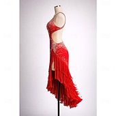 economico abito da competizione-Abito da ballo latino da donna rosso con strass, scollo a V profondo e frange, abito da competizione per balli da sala
