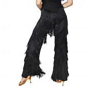 baratos Calça-Calças latinas femininas pretas com franjas em camadas - calças de pernas largas com franjas em várias camadas para dança de salão e salsa. &amp; desempenho