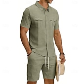baratos Camisa Algodão Linho-Homens Camisa de linho 2 Peças Conjunto de camisa E Bermuda Cargo Calção Shorts de linho Definir Tecido Diário Ao ar livre Férias Aberto para a Lateral Manga Curta Verão Moda Casual Confortável Roupa