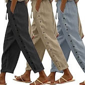 preiswerte Luxusunterteile-3er-Pack Damenhosen, Sommerhosen, Freizeithosen, Urlaubshosen, Basic-Hosen, knöchellang, natürliches, schlichtes Design, Seitentaschen, seitliche Knöpfe, bequem, atmungsaktiv, nicht elastisch, ideal für Wochenendausflüge