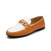baratos Mocassins casuais-Mocassins masculinos laranja e branco, modelo slip-on com detalhe metálico, calçado casual elegante para o escritório, uso diário, viagens, looks de fim de semana e estilo cavalheiro.