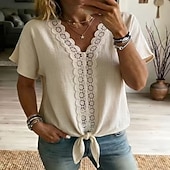 billiga Enkla blusar-Women's Shirt Blouse Patchwork Lace Trim Fashion Casual Beach Sleeveless V Neck Regular Tops Casual White Pink Sky Blue Dark Blue Summer