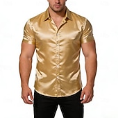 abordables Chemises en satin pour hommes-Homme Chemise Chemise en satin Chemise habillée Chemise Boutonnée Couleur Unie Extérieur Travail Noir Blanche Jaune Rouge Manche Courte Col Rabattu Été Printemps Vêtement Tenue Boutons