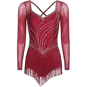 cheap Competition Dress-Women's Burgundy Latin Dance Dress - Rhinestone Mesh Long Sleeve Rhythmic Tassel Costume for Ballroom &amp; Competition
