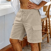 baratos Feriado-Homens Bermuda Cargo Calção Shorts de linho Shorts de verão Shorts de praia Com Cordão Cintura elástica Bolso multi Tecido Respirável Curto Ao ar livre Praia Férias Havaiana Preto Branco Sem