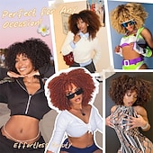 ieftine Peruci Sintetice Trendy-Perucă afro creță maro ombre cu breton, perucă afro sintetică scurtă de 14 inch, peruci afro negre crețe pentru femei, peruci pentru uz zilnic și la petreceri