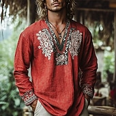 cheap Vacation-Men's Popover Shirt Summer Shirt Beach Wear Vintage Shirt Ethnic Shirt Floral Vacation Holiday Yellow Blue Orange Brown Long Sleeve V Neck Summer Spring Clothing Apparel