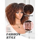ieftine Peruci Sintetice Trendy-Perucă afro creță maro ombre cu breton, perucă afro sintetică scurtă de 14 inch, peruci afro negre crețe pentru femei, peruci pentru uz zilnic și la petreceri