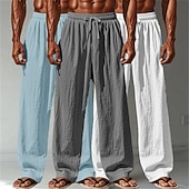 billige Klassisk-Herre Linbukser Bukser Sommerbukser Posete bukser Strandbukser Snorer Elastisk midje Rett ben عادي Komfort Pustende Full lengde Avslappet Daglig utendørs Ferie Mote Hvit + Svart + Grå Svart+blå+grønn